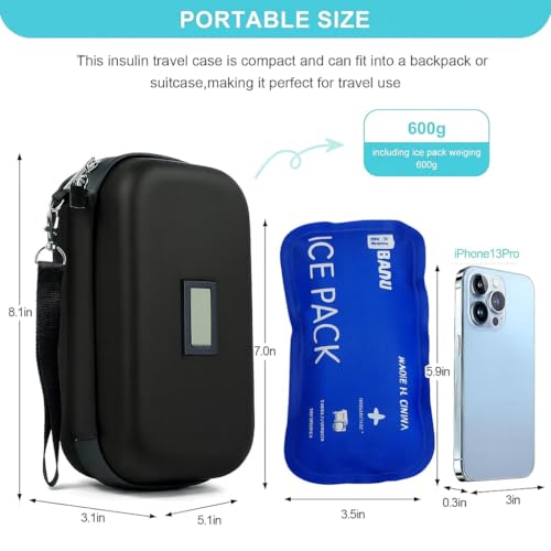 Image of TSA Approved Insulin Cooler Case Medication Cooler for with Temperature Display Diabetic Medication Organizer Medical Travel Cooler Bag with 2 Ice Pack (Black.)