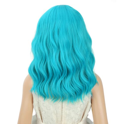 Image of PATTNIUM Girls Blue Green Short Curly Wavy Wigs Kids Side Part Shoulder Length Heat Resistant Synthetic Wig Halloween Cosplay Costume Party Wigs