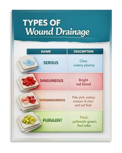AZPAAAIH Wound Care Clinical Guide Terminology Poster Drainage Types Educational Canvas Wall Art for Nursing Students and Medica