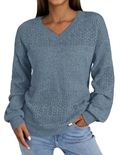 NORACORA Women's V Neck Fall Sweaters Crochet Soft Lightweight Ribbed Knit Loose Pullover Sweater Long Sleeve Tops 2025 Trendy Outfits Grey Blue