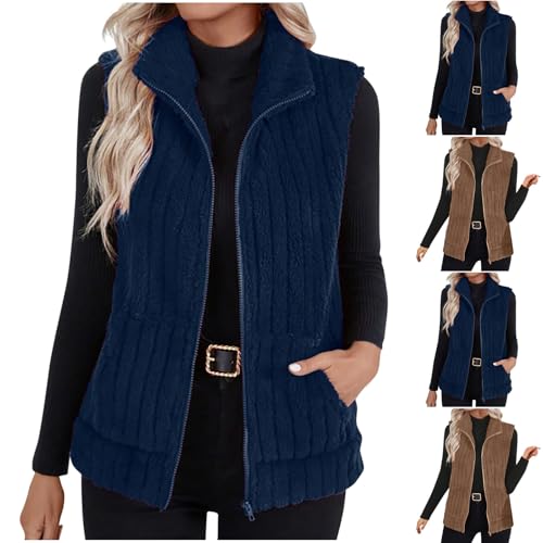 Womens Fuzzy Fleece Vest Casual Loose Sleeveless Sherpa Jacket Zip Up Collared Warm Outerwear Fall Fashion Clothes