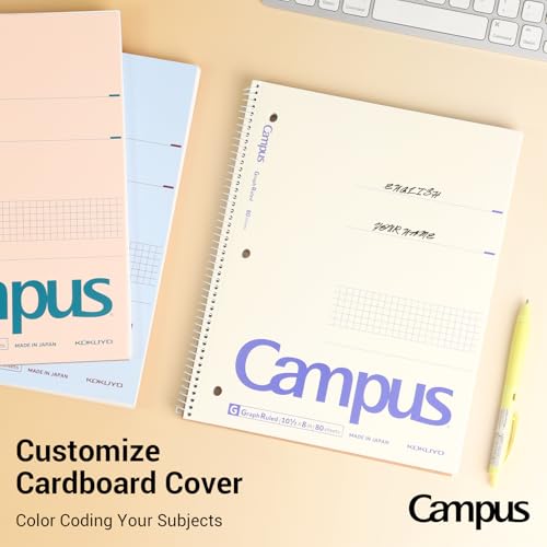 Image of KOKUYO Spiral Notebook with 5x5 Graph Paper, 3 Pack Campus 10-1 /2 inch x 8 inch Subject Notebooks, 80 Sheets, Light Pink Blue Off-White 3 Holes School Spiral Journal for Study Planner Drawing (WSG-SU-400G4x3) | Campus Subject Notebooks, 80 Sheets, 3 Holes School Japanese Grid Ring Journal for Study Planner Drawing, Blue Pink White
