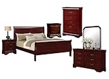Liveasy Furniture 6PC Cherry Finish Louis Philippe Furniture Queen Size Bedroom Set. Bed, Dresser, Mirror, Chest, 2XNightstands (6PC Cherry)