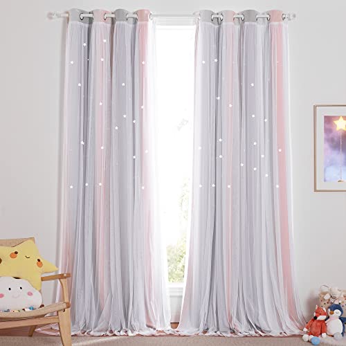 NICETOWN Baby Room Decor, Short Window Curtains for Girls Bedroom, Mix & Match Elegance White Sheer x Cosmic Star Themed Curtains for Daughter's Room