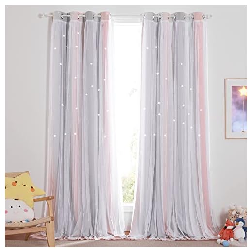 NICETOWN Kids Curtains for 84 inches Long, Baby Room Decor, Thermal Insulated Stylish White Sheer x Twinkle Star Blackout Drapes for Boy's, Girls Nursery (2 Pieces, Pink & Grey, Tie Backs Included)