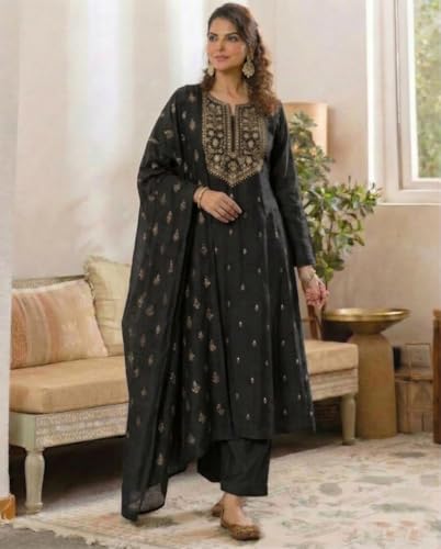 Image of ANNI Designer Women's Viscose Straight Printed Embroidery Kurta with Pant & Dupatta | Long Sleeve Ethnic Kurta Set for Women | Casual Office, Daily, Party Outfits