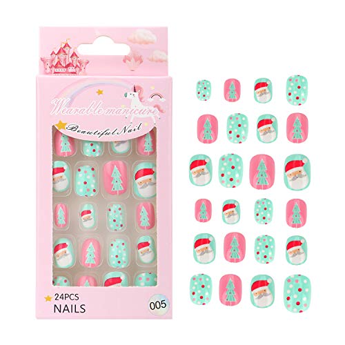 Kids Christmas False Nails Pre Glue Press on Artificial Nail Tip Girl Fake Fingernail Kit Full Cover Short for Children Nail Art Decoration