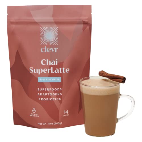 Clevr Organic Chai Tea Latte, Instant Tea and Latte Mix with Organic Spices, Oat Milk and Coconut Cream, Powered by Adaptogens, Reishi and Lions Mane Mushrooms and Probiotics