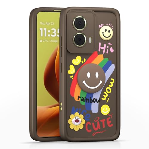 Image of Pikkme Back Cover for Motorola Moto G85 5G | Soft Silicone| Cute Rainbow Smile & 3D Cartoon Flower Design | Shockproof Raised Camera Protection Bumper Case (Brown)