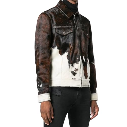 Men's Real Cow Hair on Leather Jacket, Cow Skin Print Pony Skin Coat, Casual4
