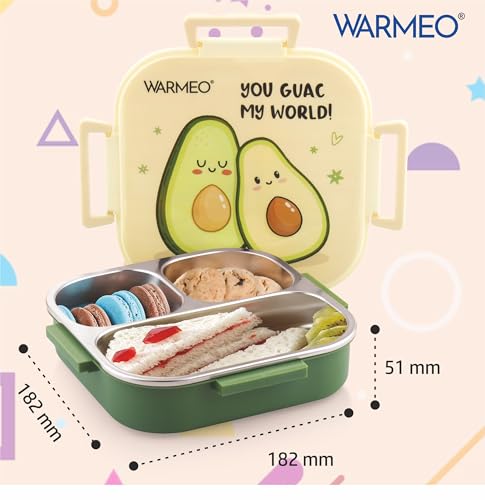 Image of WARMEO Jerry Insulated Lunch Box with Three Compartment BPA Free, Kids Lunch Box,Food Grade Ideal for School, Picnic, Office & Outdoor - 500ml Avocado, Stainless Steel