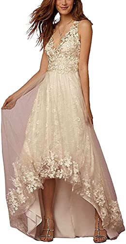 Women s High Low Beach Wedding Dress Long V Neck Tulle Bridal Gowns with Lace Champagne