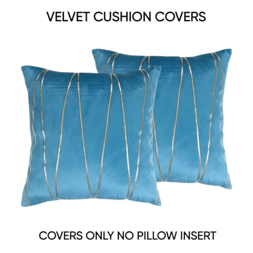Image of Amazon Brand - Umi Gold Leather Striped Pack of 2 Throw Pillow Covers Velvet Decorative Cushion Covers Cases for Sofa Bedroom Livingroom Car 24 x 24 in Teal Color