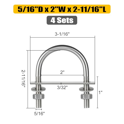 Image of 4 Sets Round U Bolts, u-Bolts 2 Inch Wide, 304 Stainless Steel U Bolt,with Nuts,Bolt Plate and Washers for Boat Trailer Tube(5 /16 inch D x 2 inch W x 2-11 /16 inchL)