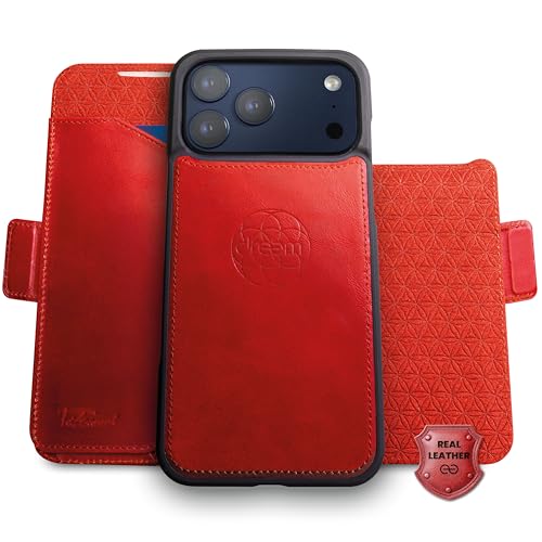 Dreem Real Leather for iPhone 17 Pro Max Case Wallet, Revolutionary Phone Stand, MagSafe-Fit, Magnetic Detachable Flip Cover, RFID Blocking Card Holder, Gift-Box [Fibonacci:Red]