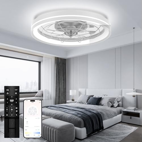 Airwit - Ceiling Fans with Lights Flush Mount, White Low Profile Modern Ceiling Fan with Remote, Dimmable and Reversible LED Fan Light with 6 Wind Speeds for Bedroom and Living Room, DC Motor