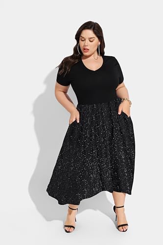 RITERA Plus Size Dresses for Curvy Women Short Sleeve Summer Dress V Neck High Waisted Womens Patchwork Casual Dress XL-5XL4
