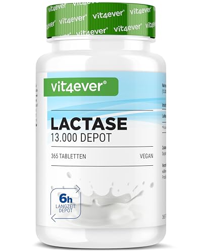 vit4ever Laktase 13.000 Depot - 365 Tabletten mit Depotwirkung (Sepismart® Slow Release) - Hochdosiert mit 13.000 FCC-Einheiten - Bei Laktoseintoleranz + Milchunverträglichkeit - Vegan