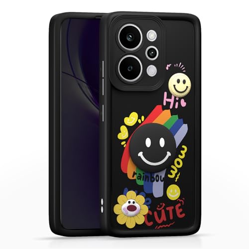 Image of Pikkme Back Cover for Realme P4 Power 5G | Soft Silicone| Cute Rainbow Smile & 3D Cartoon Flower Design | Shockproof Raised Camera Protection Bumper Case (Black)