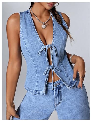 MakeMeChic Women's Tie Front Denim Vest Deep V Neck Sleeveless Crop Denim Top4