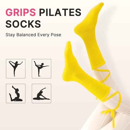 Womens Pilates Yoga Toe Socks with Grips Non Slip Cushioned Crew Socks Mid Calf for Barre Ballet