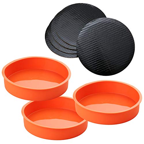 A Baker and Cook 3 Piece Round Silicone 7 ¼ Inch Cake Mold Baking Pan Set, Includes 5 Laminated Greaseproof Cardboard Cake Circles( 7.25" x 1.5", Orange)