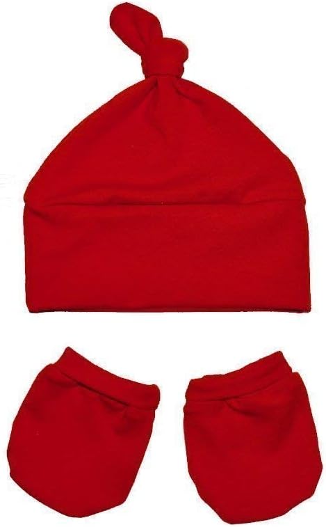 Baby Red Knot Hat and Mittens Set, this red newborn baby knot hat and mittens set made using super soft jersey cotton fabric