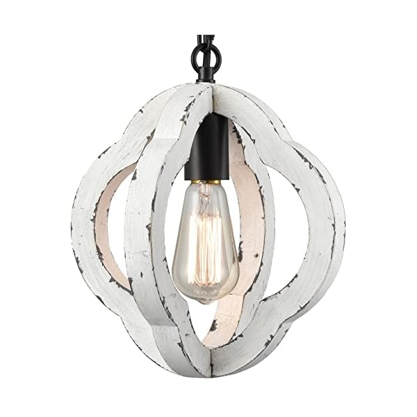SAMTEEN Farmhouse Pendant Light Distressed White Wooden Chandelier 1-Light Modern Wood Pendant Light Fixture for Kitchen Island Dining Room Bedroom