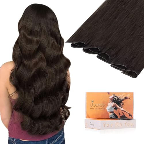 Image of DOORES Hand Tied Weft Hair Extensions Human Hair Remy Hair, 22 Inch Light Dark Brown 60g, Hair Extensions Real Human Hair