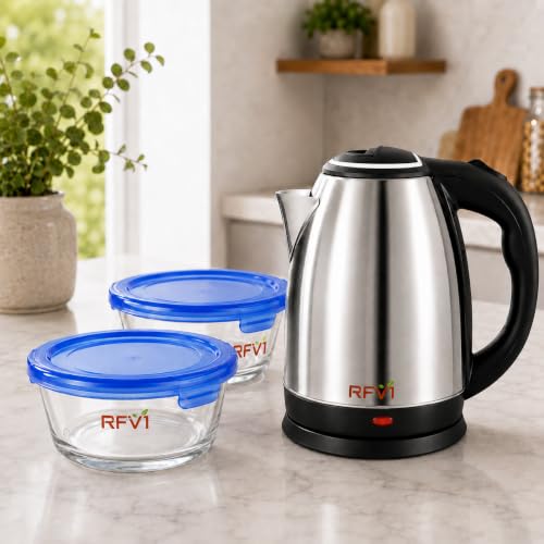 Image of 3-Piece Kitchen Combo Set | 2 Litre Stainless Steel Electric Kettle with Automatic Shut-Off & 360 Swivel Base | 2 x 350 ml Glass Bowls with Airtight Lids BEST FOR DIWALIGIFTING