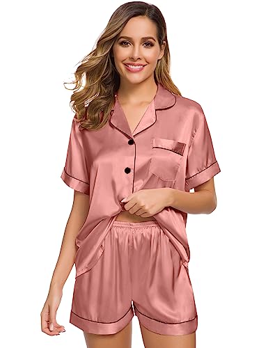 Image of SWOMOG Womens Silk Satin Pajamas Set Short Sleeve Sleepwear Button Down Top and Shorts Loungewear 2 Piece Pjs Set XS-3XL
