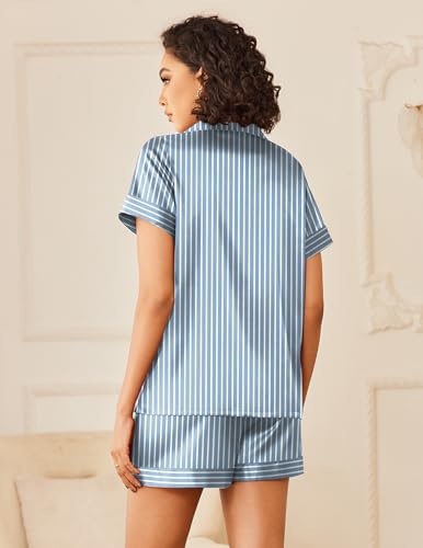 Image of Ekouaer Silk Pajamas for Women Button Down Sleepwear 2 Piece Pjs Shorts Set | Classic Short Sleeve Notch Neck Lounge Set with Pockets,Soft Cute Pj Set,Bridal Gifts,Pajama Party,Maternity Outfits