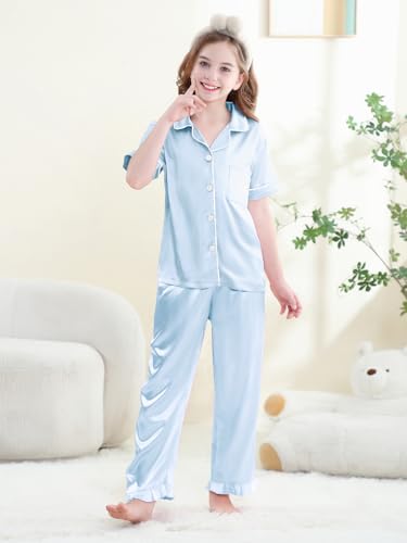 QZH.DUAO Ruffle Satin Pajamas for Girls Set 2 Piece Button Up Pj Sets Soft Pants Lounge Set Loungewear, Blue, 13-14 Years2