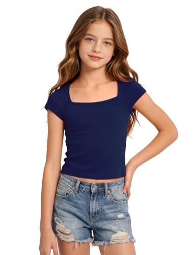 Image of Crop Tops for Girls Short Sleeve Shirt Girls Summer Tops Square Neck Slim Fit Tops Basic Tee