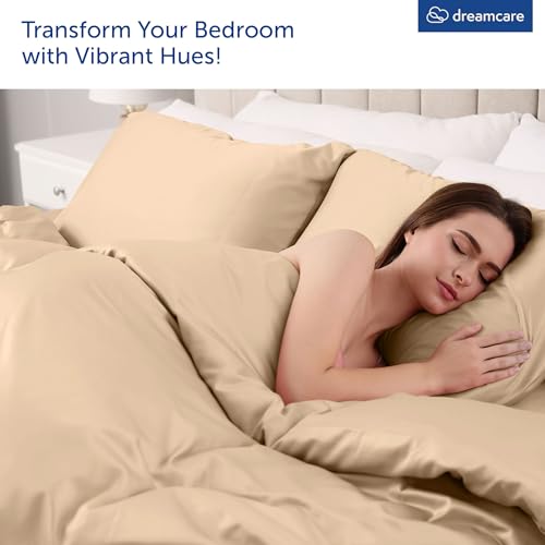 Image of DREAMCARE King Size Sheets Set - 4 pcs Breathable Cooling Sheets - up to 21 inch Extra Deep Pocket King Sheet Set with Side Pockets - Extra Soft 100% Brushed Hypoallergenic Hotel Luxury Bedding, Wheat