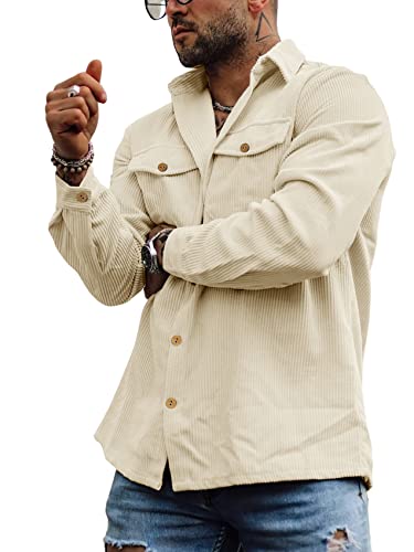 Mens Corduroy Button Down Shirt Jackets Long Sleeve Retro Shirt Outerwear Casual Ribbed Work Tops with Pockets2