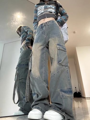 CEINOM Female Jean Spliced Pockets Cargo Pants Washed Denim High Waist Full Length Loose Solid Jeans3
