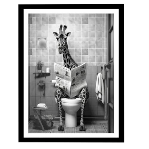 Cuadro humorístico de jirafa en el inodoro, arte en lienzo para decoración de baño