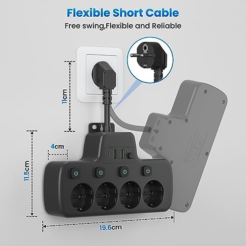 Wielokrotne Gniazdo z Przełącznikiem, Listwa Zasilająca USB C z 4 Gniazdami i 3 USB ładowarkami Scienna Gniazda Elektryczne z Indywidualnymi Przełącznikami,Adapter Gniazdka Wtyczka Kabel 0,1M,Czarna