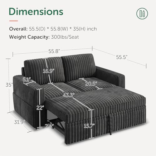 Image of HONBAY Modular Pull Out Sofa Bed,Corduroy Loveseat, Couches for Living Room,Dark Grey