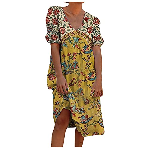 Robe d'été mi-mollet ample en coton et lin avec col en V Motif floral, jaune, M Cover