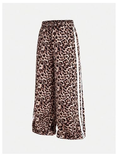 SHENHE Girl's Y2k Leopard Print Pants Wide Leg Baggy Side Stripe Cheetah Pants Trousers Brown 9 Years