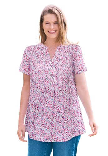 Woman Within Plus Size Pintucked Half-Button Tunic - 6X, Sunset Pink Blooming Ditsy