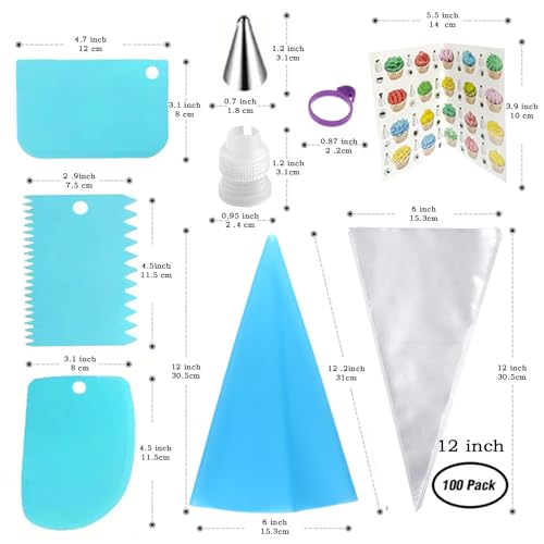 Piping Bags and Tips Set, 100PCS 12 Inch Disposable Pastry Bags with Tips Cupcake Frosting Piping Kit Cookie Decorating Supplies, Royal Icing Bags and Tips Set for Cake Decorating Baking Tools