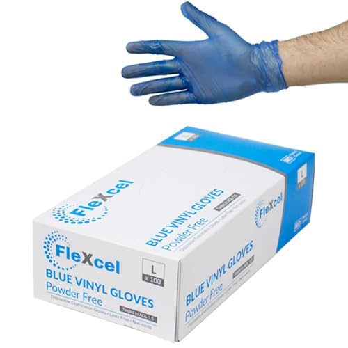 FleXcel Blue Large Disposable Vinyl Gloves – Box of 100 – Powder Free Latex Free Medical Grade Examination Gloves AQL 1.5 – Non-Sterile Food Safe Disposable Glove for Kitchen Prep & Handling