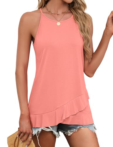 JUSTFASHIONNOW Womens Halter Tank Top Dressy Casual High Neck Tank Camisole Tops Flowy Ruffle Hem Sleeveless Summer Blouses Beach Vacation Clothes (Coral,Large) — view 4