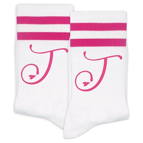 SSQBZU Initial Socks for Women, Striped White Socks with the Letter ‘J’ in Hot Pink, Gifts for Women, Girlfriend, Bride, Wife, Mom, Best Friends, Sisters, Her, Birthday, Mothers Day Gifts. (010)