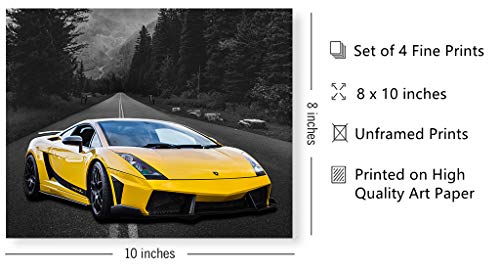 Car Poster Lamborghini Mclaren Ferrari Bugatti Sports Posters Car Wall Art Supercar Decor For Boys Room Bedroom Set Of 4 Unframed (8X10 In) Black And White Highway Supercars Pictures #TOP1