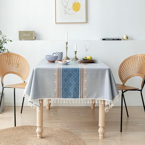 Nappe rectangle 140x180 cm polyester anti tache à motifs géométriques et pompons - 2