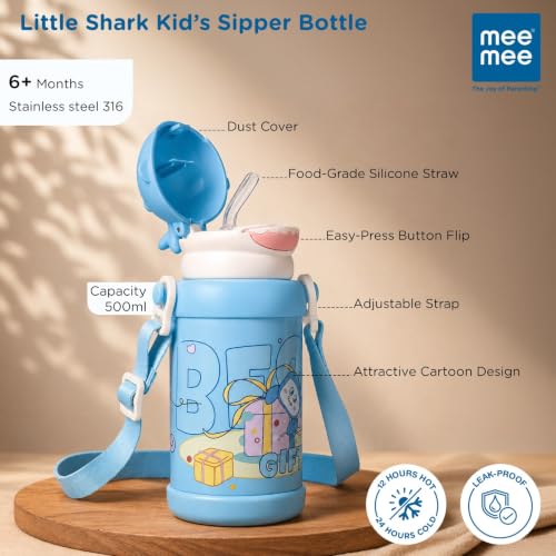 Image of Mee Mee Little Shark Smart-Temp 2-in-1 Sipper & Spout Bottle, 500ml, Vacuum Insulated SUS 316 Stainless Steel Water Bottle with Temperature Display, Leak-Proof & Travel Friendly (Blue)